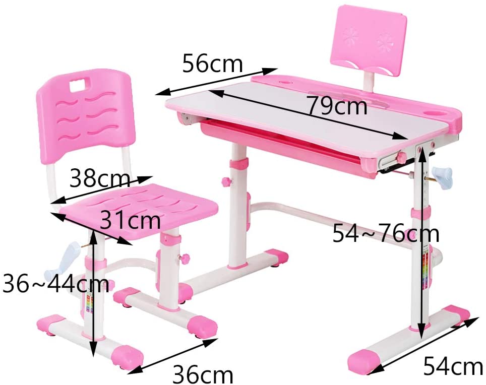 1 Set Schülerschr Schreibtisch Kinder mit Stuhl und Schublade mit LED Lamp Rosa 